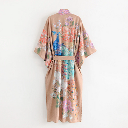 Errötender Boho-Kimono-Robe mit Blumendruck und Bindegürtel