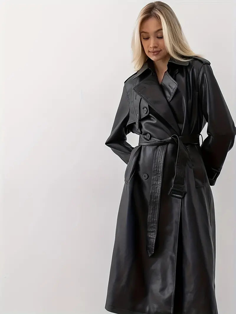 Avelena - Trenchcoat Lederjacke mit Gürtel