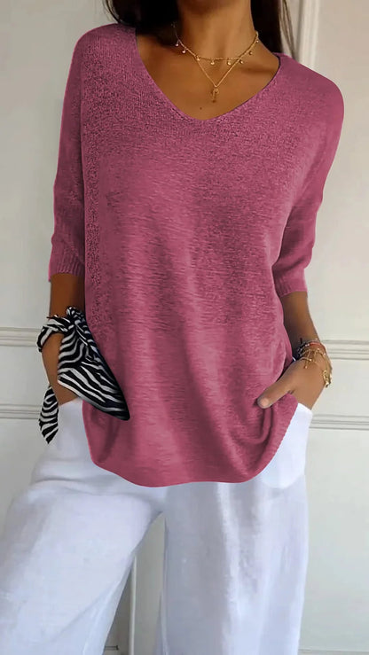 Avelena | Bequemer Gestrickter V-Ausschnitt-Top