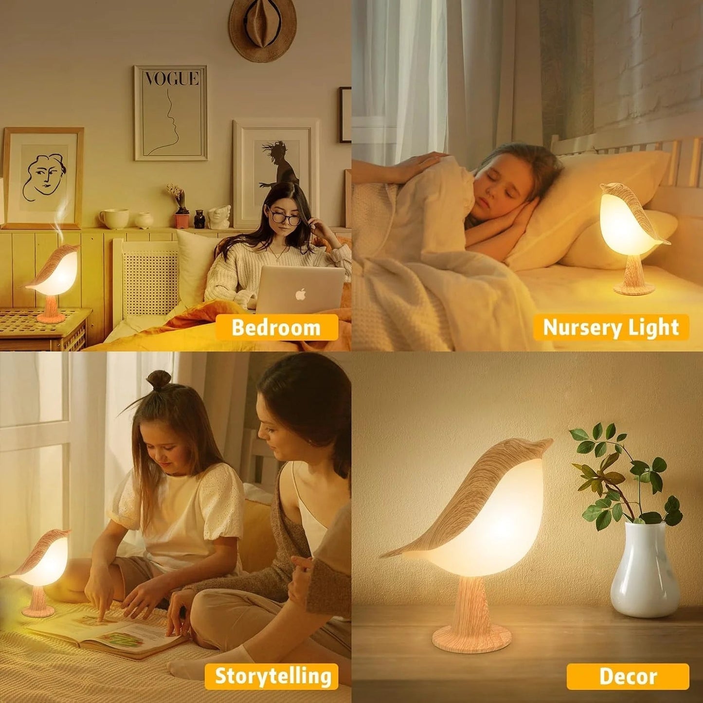Avelena | Touch-Control Holzvogel Nachtlicht - Wiederaufladbare LED Nachttischlampe