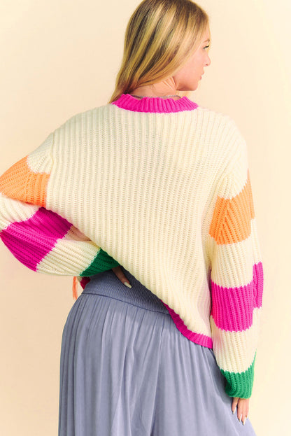 Avelena | Lockerer Strickpullover mit Blumenmuster Colorblock Beige