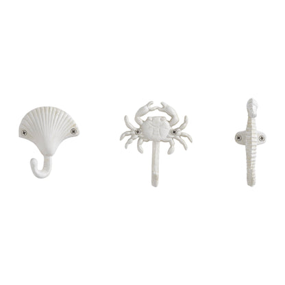 Avelena | Weißer Gusseisen Nautical Ocean Figur Skulptur Dekorative Utility Wandhaken Set von 3 - Muschel, Krebs, Seepferdchen