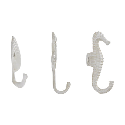 Avelena | Weißer Gusseisen Nautical Ocean Figur Skulptur Dekorative Utility Wandhaken Set von 3 - Muschel, Krebs, Seepferdchen