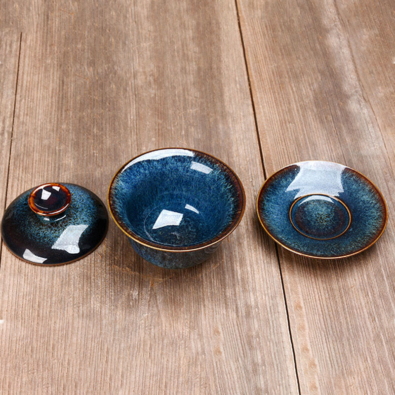 Avelena | Vintage Kiln Keramik Gaiwan Sancai Teetasse Teetasse und Untertasse mit Deckel