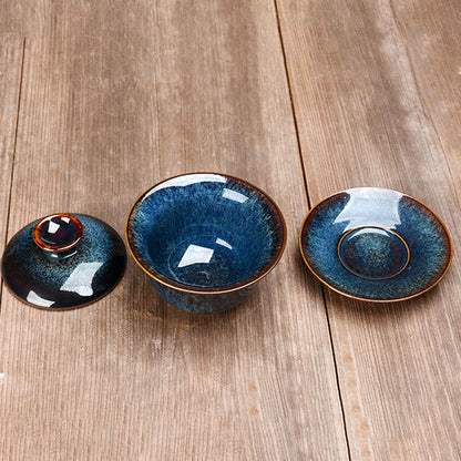 Avelena | Vintage Kiln Keramik Gaiwan Sancai Teetasse Teetasse und Untertasse mit Deckel