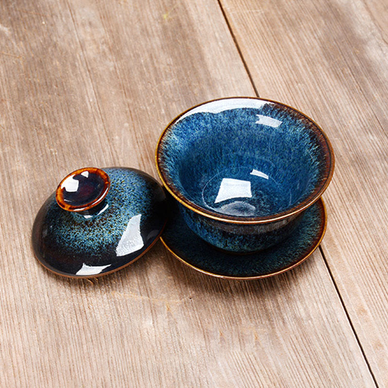 Avelena | Vintage Kiln Keramik Gaiwan Sancai Teetasse Teetasse und Untertasse mit Deckel