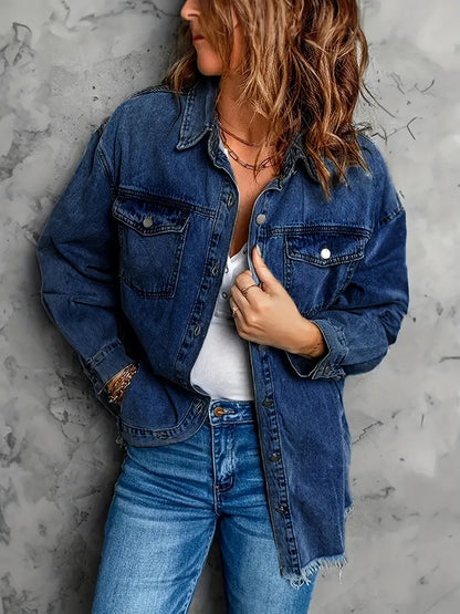 Avelena | Jeansjacke mit ausgefranstem Saum und Revers und Pattentaschen