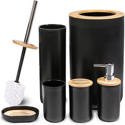 Avelena | 6-teiliges Badset - Seifenschale Zahnbürstenhalter Mundspülbecher Lotionflasche Mülleimer WC-Bürste - Praktisches WC-Set für Zuhause Wäschempfang, Schwarz