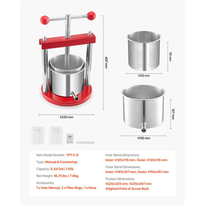 Avelena | Fruchtpresse Edelstahl Fässer Manuelle Saftmaschine mit T-Griff