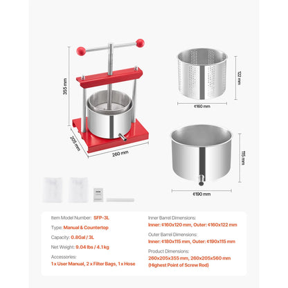 Avelena | Fruchtpresse Edelstahl Fässer Manuelle Saftmaschine mit T-Griff