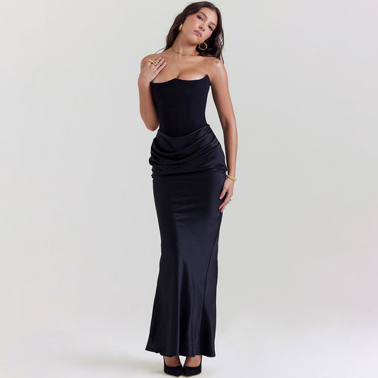 Glänzendes Satin-Bustier, trägerloses Korsett, Maxi-Fischschwanz-Formalkleid – Schwarz