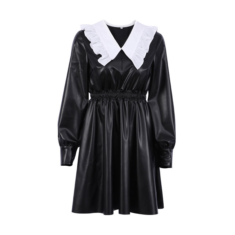 Langarm-Minikleid aus Leder im Gothic-Stil im Peter-Pan-Stil – Schwarz