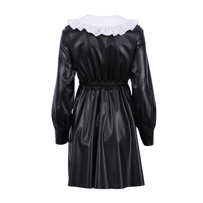 Langarm-Minikleid aus Leder im Gothic-Stil im Peter-Pan-Stil – Schwarz