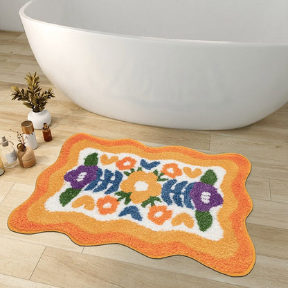Avelena | Bunte Blumen Badezimmermatte, Orange Flora Weicher Badezimmerteppich, Gewebte Badematte, Lila Tulpe Wasserabsorbierende Rutschfeste Badematte