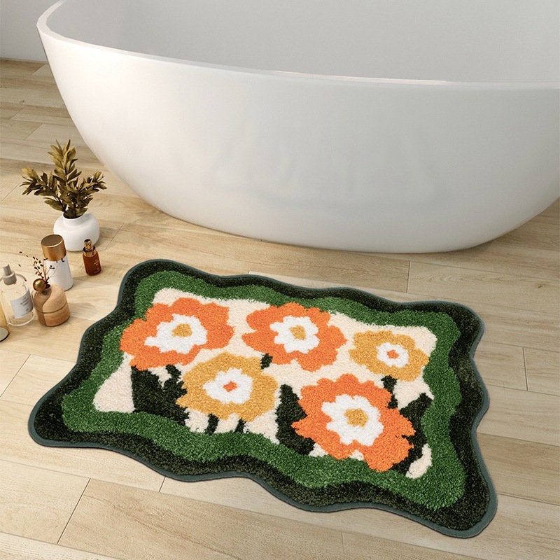 Avelena | Bunte Blumen Badezimmermatte, Orange Flora Weicher Badezimmerteppich, Gewebte Badematte, Lila Tulpe Wasserabsorbierende Rutschfeste Badematte
