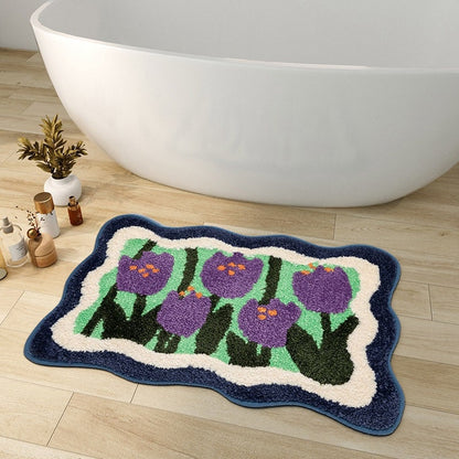 Avelena | Bunte Blumen Badezimmermatte, Orange Flora Weicher Badezimmerteppich, Gewebte Badematte, Lila Tulpe Wasserabsorbierende Rutschfeste Badematte