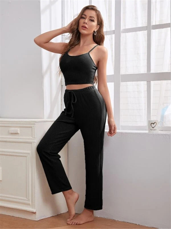 Loungewear Damen-Anzug aus Waffelstrick, lang, dreiteilig