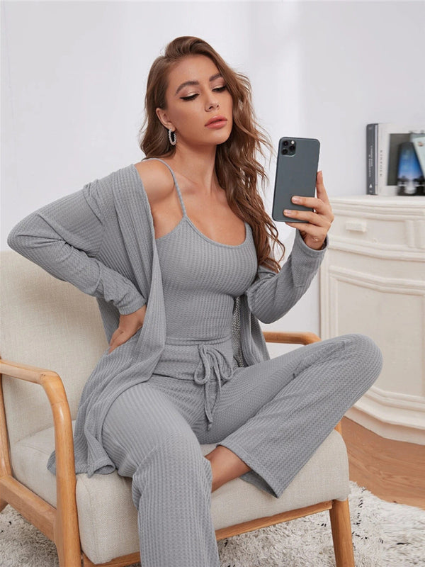 Loungewear Damen-Anzug aus Waffelstrick, lang, dreiteilig