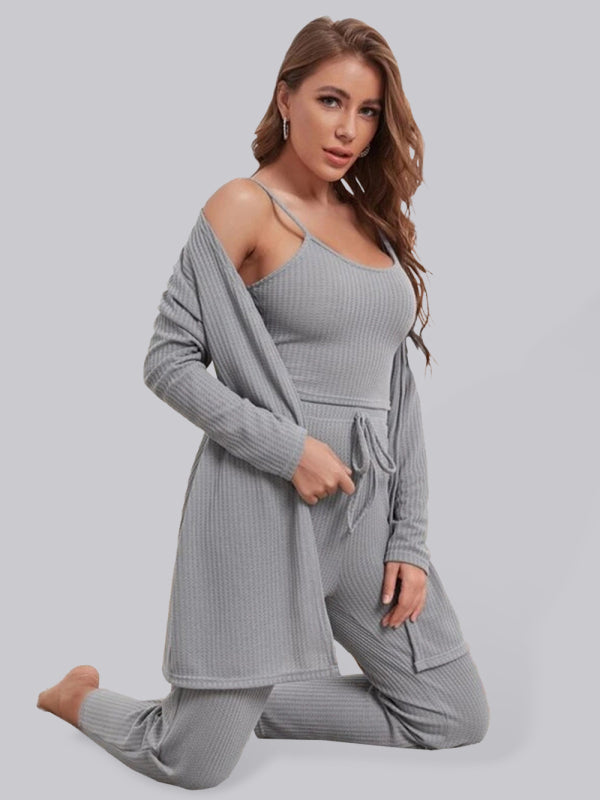 Loungewear Damen-Anzug aus Waffelstrick, lang, dreiteilig