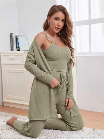 Loungewear Damen-Anzug aus Waffelstrick, lang, dreiteilig