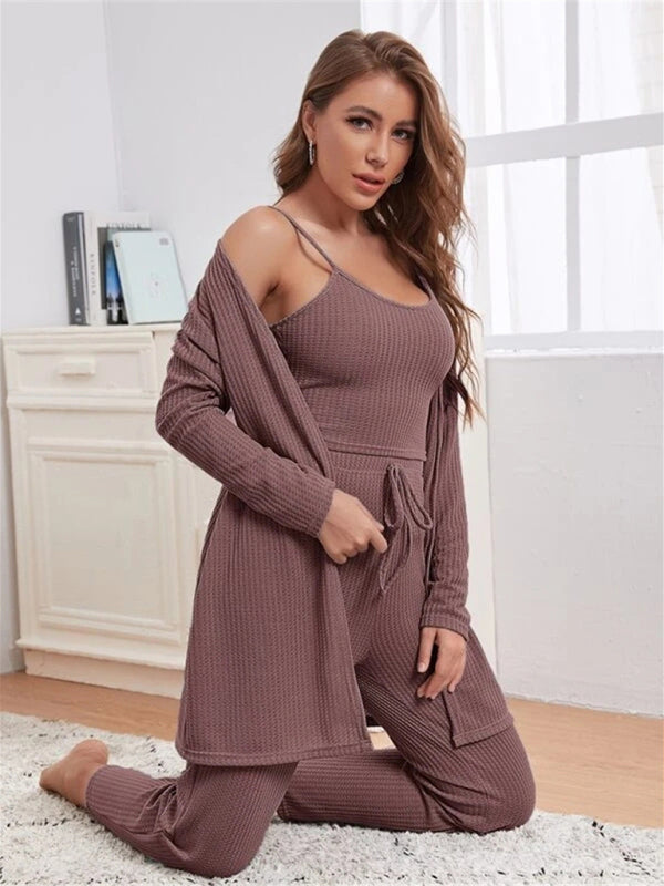 Loungewear Damen-Anzug aus Waffelstrick, lang, dreiteilig