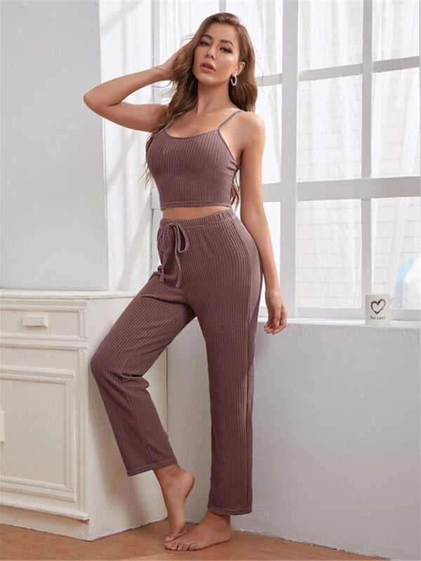 Loungewear Damen-Anzug aus Waffelstrick, lang, dreiteilig