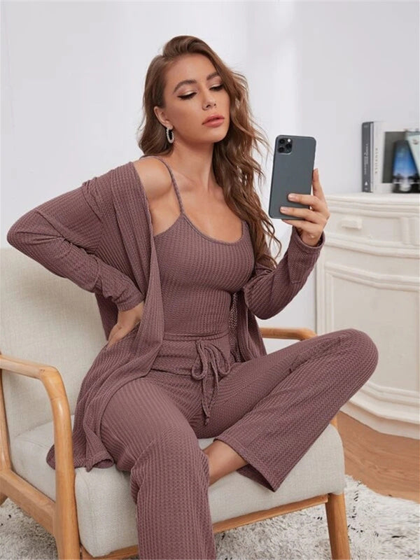 Loungewear Damen-Anzug aus Waffelstrick, lang, dreiteilig