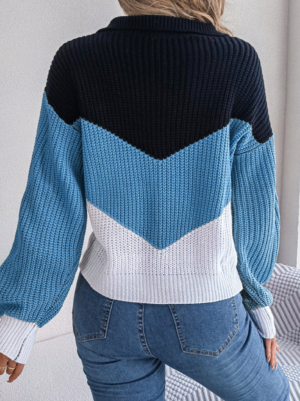 Avelena Damen-Strickpullover mit Reverskragen, Kontrastfarbe, langärmelig