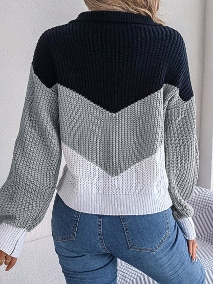 Avelena Damen-Strickpullover mit Reverskragen, Kontrastfarbe, langärmelig