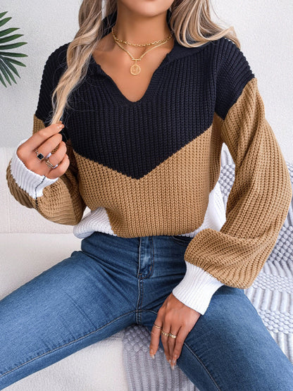 Avelena Damen-Strickpullover mit Reverskragen, Kontrastfarbe, langärmelig