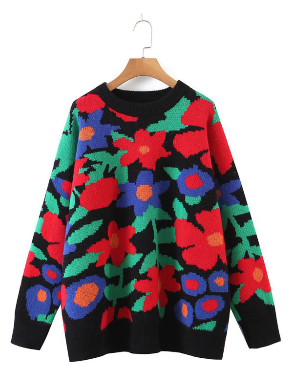 Avelena großer, mit Blumen bestickter Rundhalsausschnitt, lockerer, langärmliger Strickpullover