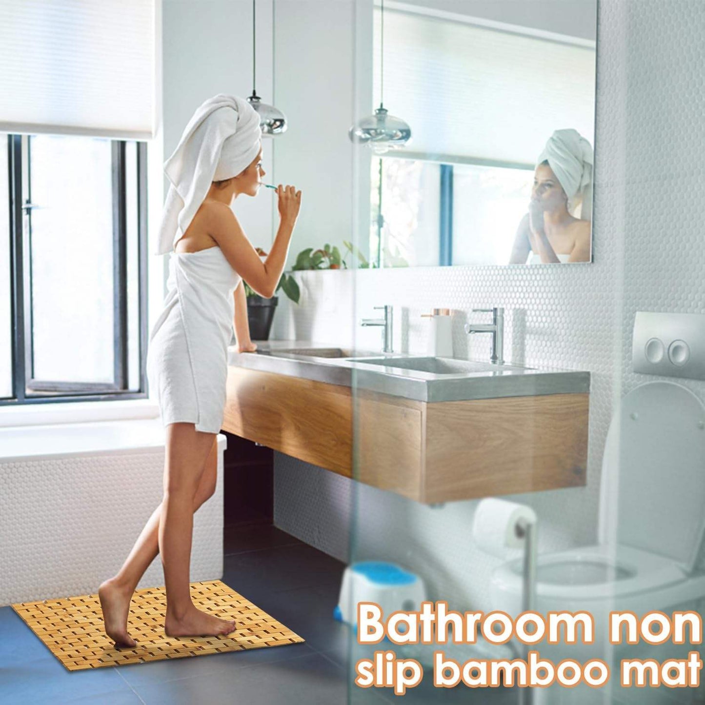 Avelena | Bambus-Badmatte Rutschfest Wasserabweisender Läuferteppich Für Badezimmer Naturholz Badezimmer Dusche Fußteppich Rutschfester Stoff