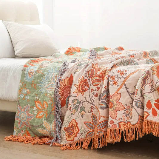 Avelena | Boho Floral Baumwoll-Wurfdecke mit Fransen – Creme & Orange