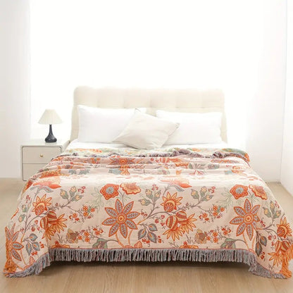 Avelena | Boho Floral Baumwoll-Wurfdecke mit Fransen – Creme & Orange
