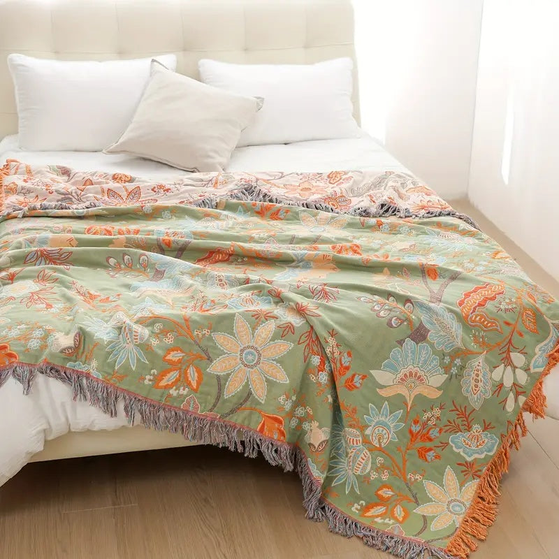Avelena | Boho Floral Baumwoll-Wurfdecke mit Fransen – Creme & Orange
