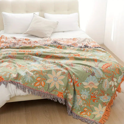 Avelena | Boho Floral Baumwoll-Wurfdecke mit Fransen – Creme & Orange