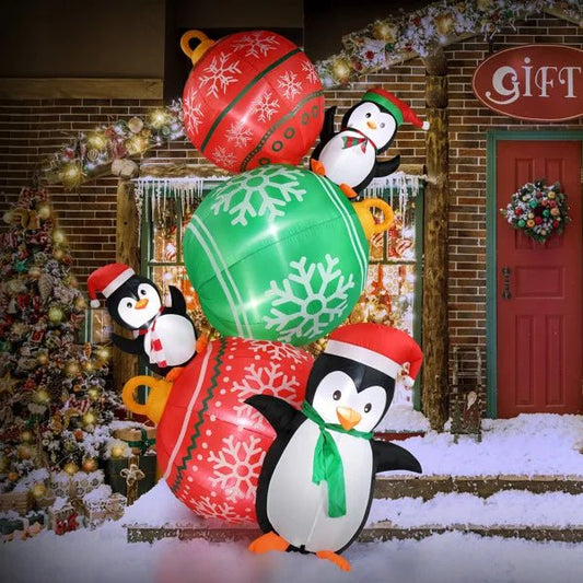 Avelena | Aufblasbare Leuchtende Weihnachts-Pinguine & Bunte Ballon-Dekorationen – 2,7 m Festliche Pinguine & Bunte Bälle für Spaß im Garten Display