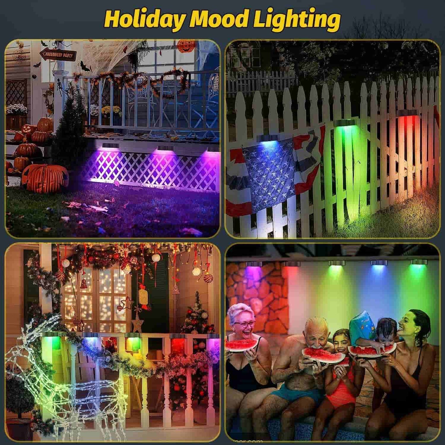 Avelena | Solarzaunlichter Außeneigenwandlichter Wasserdicht IP65, Warmweiß & RGB 8 spezifische feste Farben für Zaun Wand Schritt Deck Patio