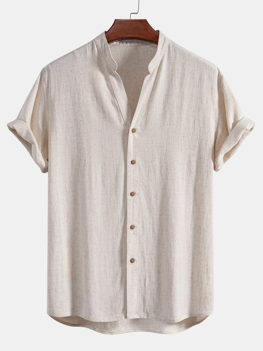 Avelena Sleeve Linen Rayon Blend Stand Collar Shirt & Straight Leg Linen Pants