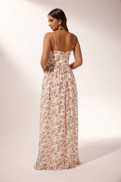 Avelena | Langes, Halbtransparentes Kleid mit Rosendruck