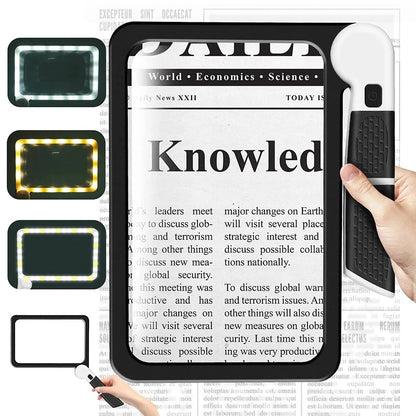 Avelena | Vollseiten Handheld Lupe – 5X Vergrößerung, LED beleuchtete Lupe mit 3 Modi, ideal zum Lesen von Büchern und für Senioren
