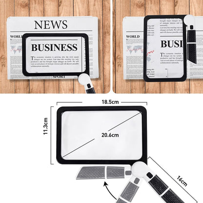 Avelena | Vollseiten Handheld Lupe – 5X Vergrößerung, LED beleuchtete Lupe mit 3 Modi, ideal zum Lesen von Büchern und für Senioren