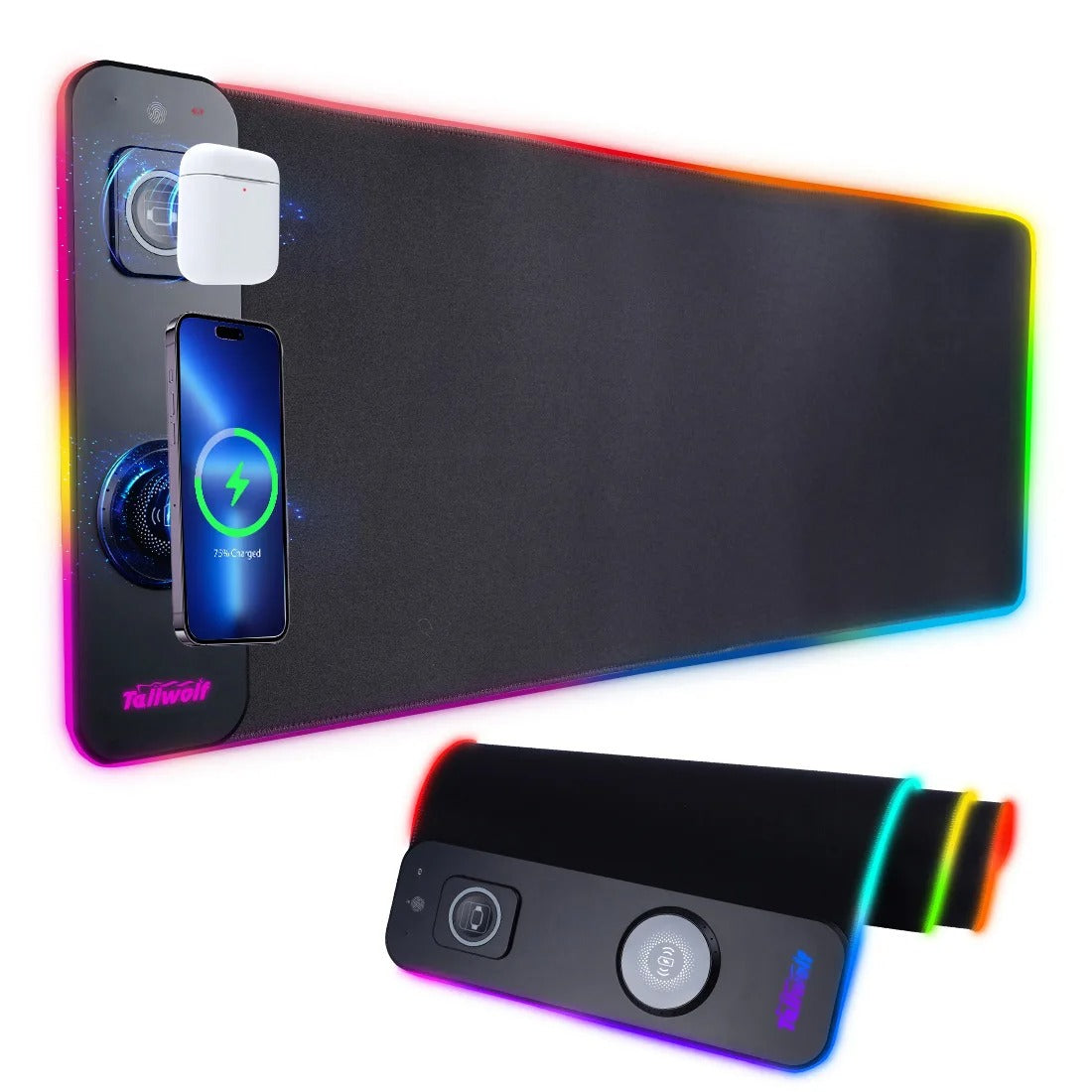 Avelena | Drahtlose Lade-Desktopmatte | RGB Dual Charging Pad für iPhone, Tastatur & Maus, Premium-Desktopmatte