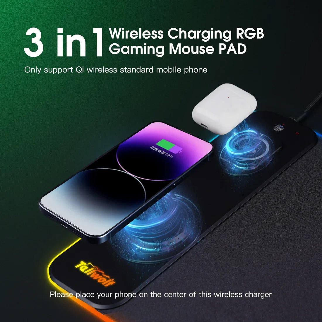 Avelena | Drahtlose Lade-Desktopmatte | RGB Dual Charging Pad für iPhone, Tastatur & Maus, Premium-Desktopmatte