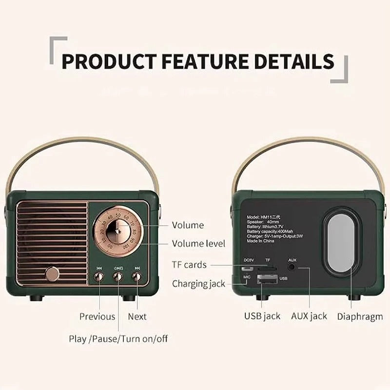Avelena | EchoWave™ | Vintage Bluetooth-Lautsprecher mit Retro-Design | Tragbarer kabelloser Audio für Zuhause und im Freien