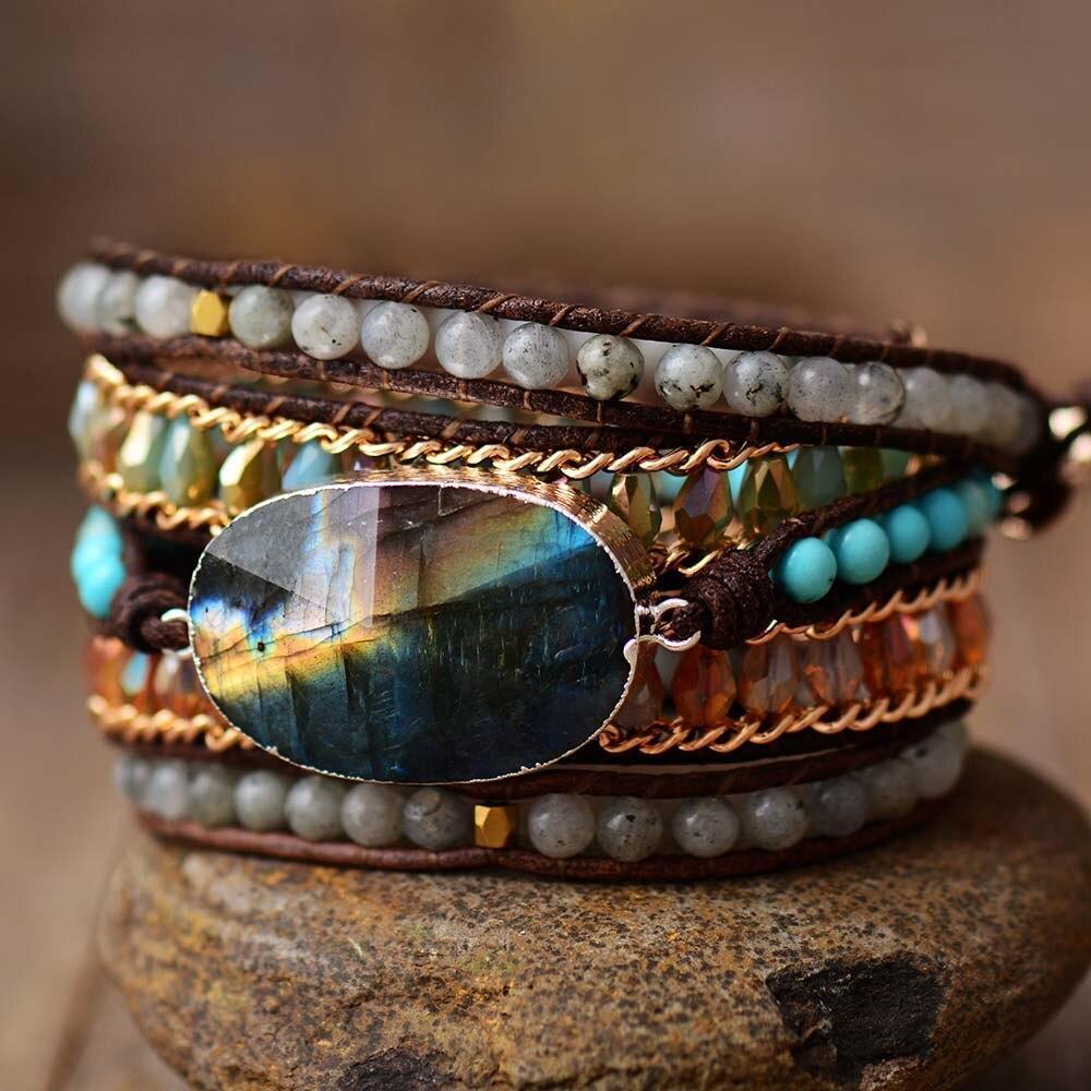 Avelena | Shine Armband – Elegante Labradorit Fünf-Reihen Wickel