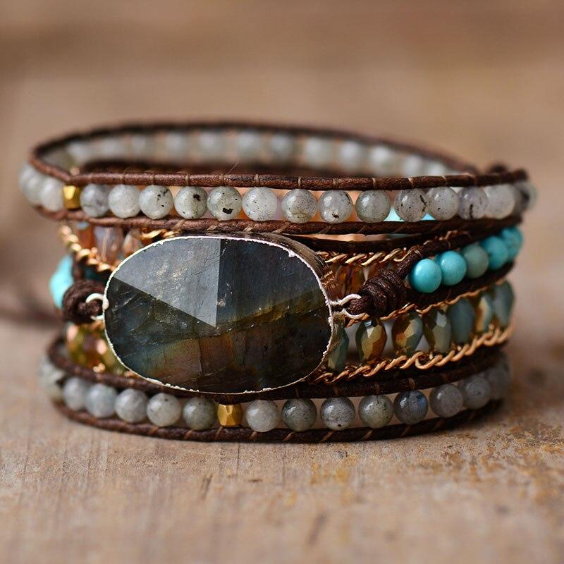 Avelena | Shine Armband – Elegante Labradorit Fünf-Reihen Wickel