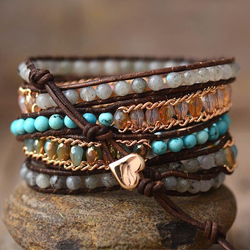 Avelena | Shine Armband – Elegante Labradorit Fünf-Reihen Wickel