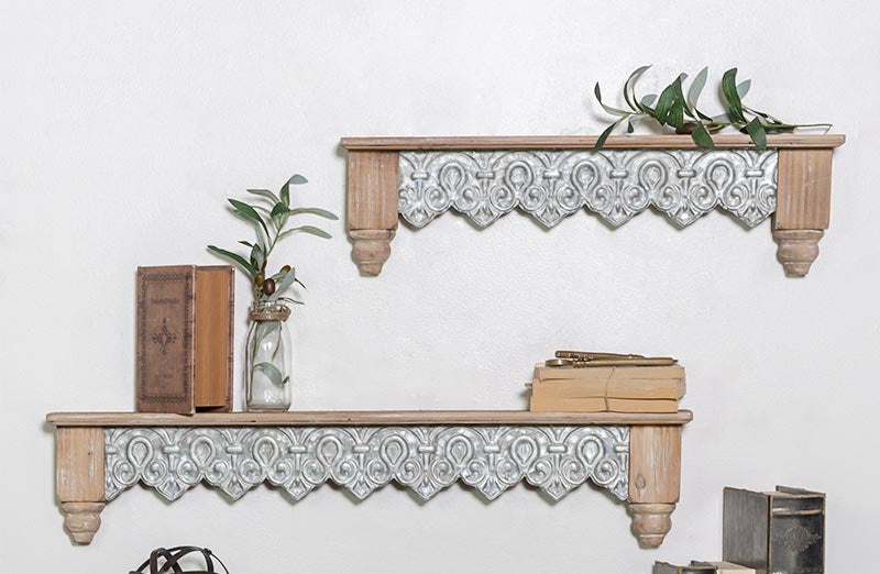 Avelena | Holz und Zinn Filigran Regal Set mit 2