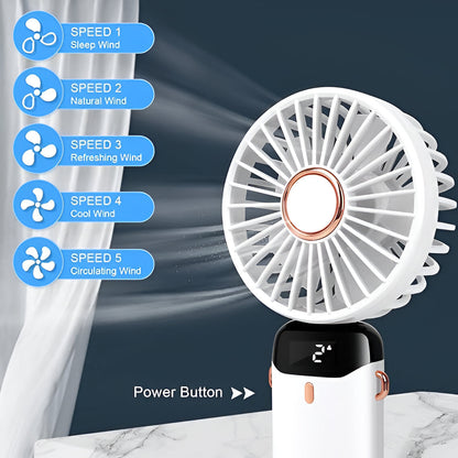 Avelena | Wiederaufladbarer tragbarer Mini Ventilator | 5-Stufen, 90-Grad verstellbar & leise für Büro, Zuhause & den Außeneinsatz